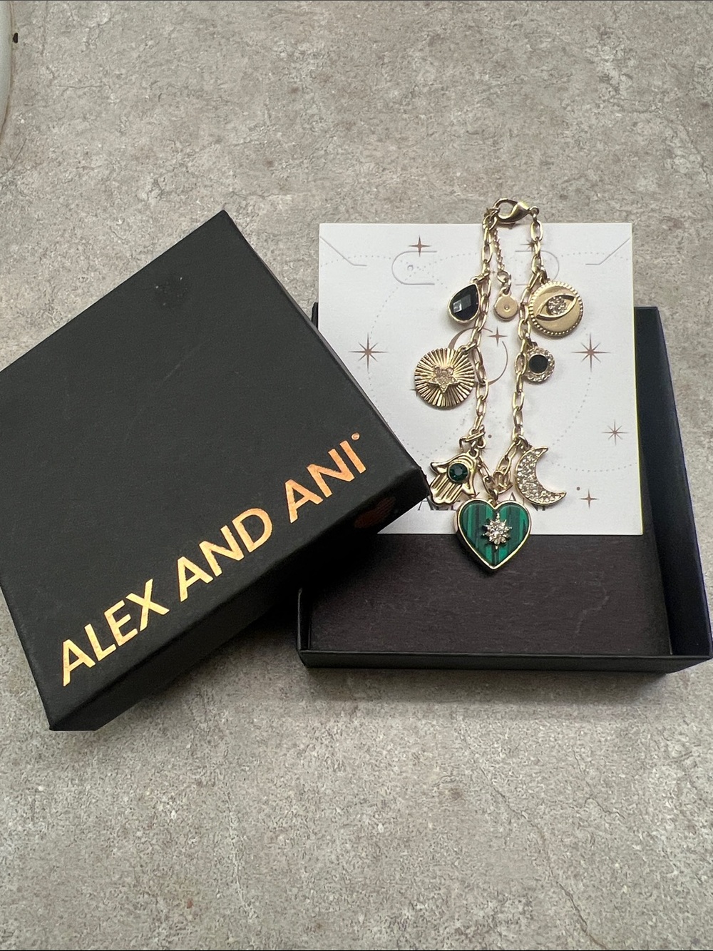 Alex and Ani Gold Charm Bracelet with Green Heart and Celestial Accents